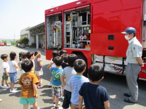 ポンプ車の話を聞く子供たち