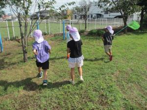 虫を見つけて追いかける子供たち