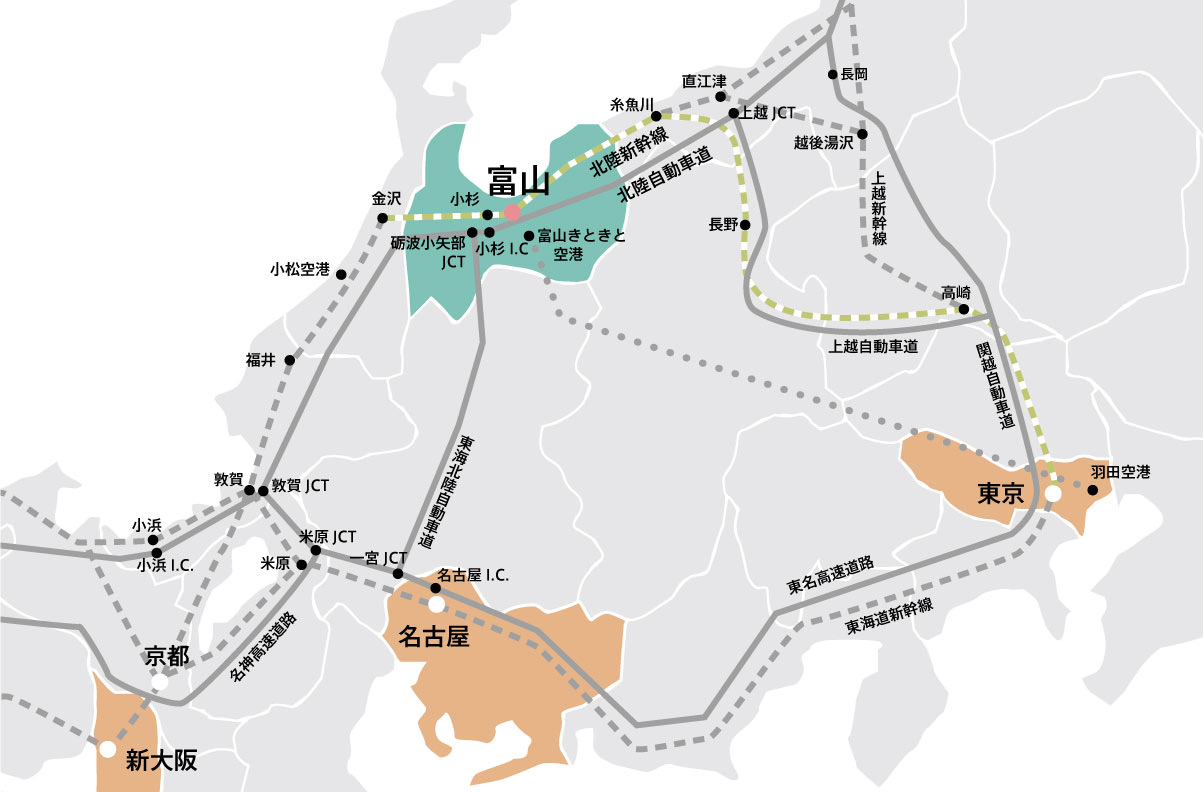 東京・名古屋・大阪からの路線と道路図